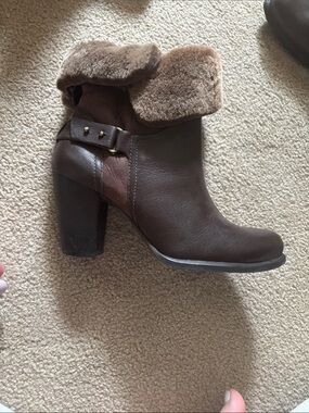 UGG Brown Faux-Fur Cuffed Block Heel Ankle Boot